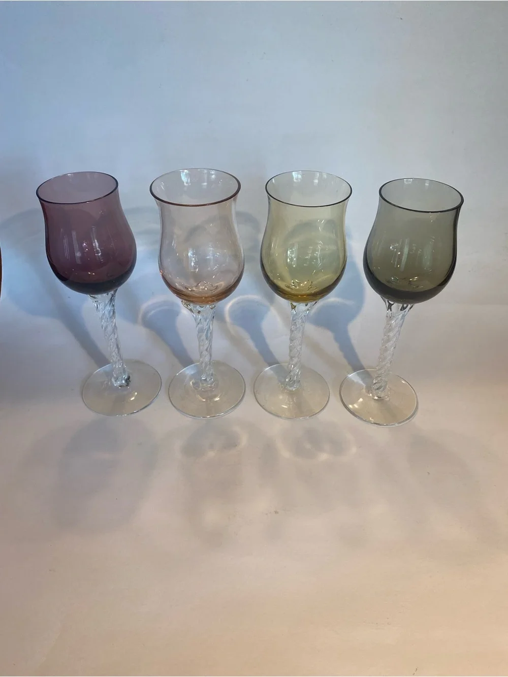 Vintage Multi-Color Harlequin Wine Glasses Applied Clear Twist Stem Set of 4 MCM